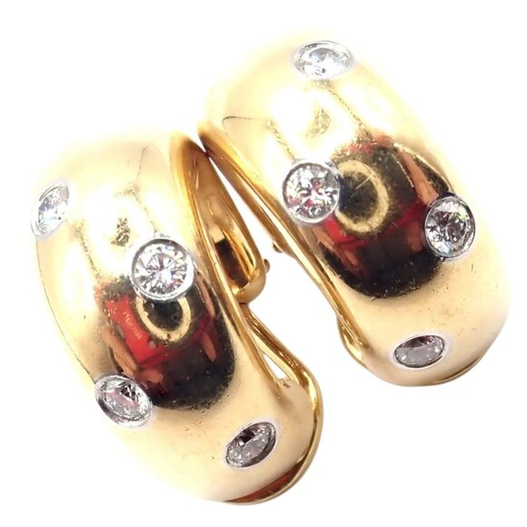 Authentic! Tiffany & Co 18k Yellow Gold Platinum Diamond Etoile Hoop Earrings - Picture 1 of 12